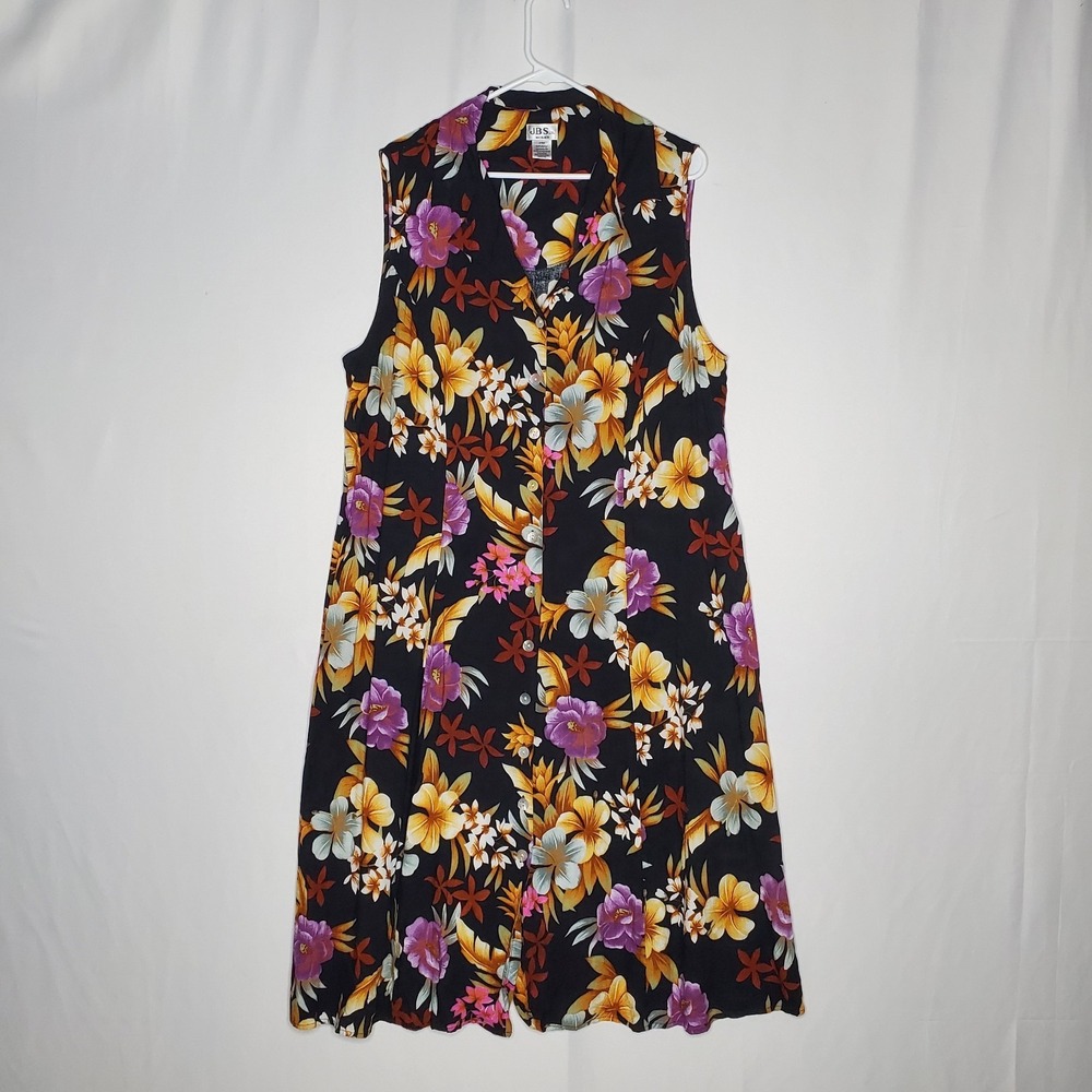 JBS Vtg Midi Dress Women 24W Dark Floral Full Button‎ Front Collar Tropical 2X